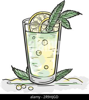 Illustration de Mahito dessinée à la main avec fond aquarelle. Boisson alcoolisée avec des feuilles de citron et de menthe. Cocktail d'été rafraîchissant, vecteur isolé Illustration de Vecteur