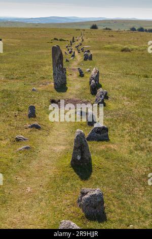 Colonie préhistorique de Merrivale, Dartmoor occidental, Princetown, Yelverton, Devon, Angleterre, Royaume-Uni: Lignes de pierre néolithique, cercles de pierre et monuments Banque D'Images