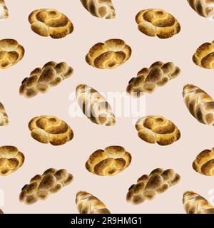 Pain de challah juif aquarelle motif sans couture sur fond beige clair avec mocassins tressés pour Shabbat samedi Banque D'Images