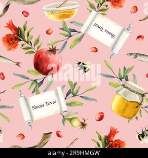 Shana Tova salutation aquarelle sans couture motif sur rose pastel pour Rosh Hashanah juif nouvel an emballage cadeau Banque D'Images