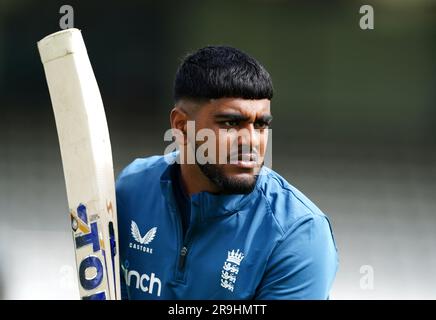 Rehan Ahmed en Angleterre lors d'une session de filets au terrain de cricket de Lord, Londres. Date de la photo: Mardi 27 juin 2023. Banque D'Images