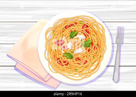 Spaghetti pâtes dans l'assiette avec des tomates, basilic, mozzarella dans le style de dessin animé vue du dessus détaillée et texturée sur fond en bois. restauration, cuisine italienne. Illustration vectorielle Illustration de Vecteur