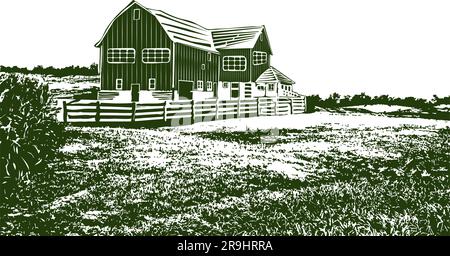 Fonds d'écran avec ferme et propriété de ranch dans la campagne paysage dessin dans le style de coupe de bois sur fond transparent Illustration de Vecteur