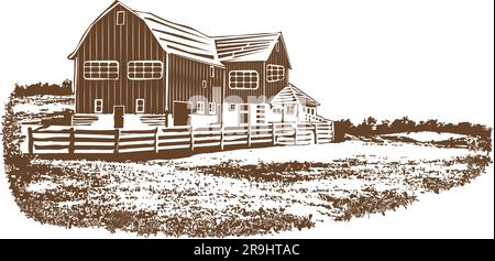 Ferme et propriété de ranch dans la campagne paysage dessin dans le style de coupe de bois sur fond transparent Illustration de Vecteur