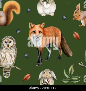 Animaux de la forêt aquarelle patron sans couture avec renard rouge, lapin, écureuil de chouette avec feuilles d'automne sur fond vert Banque D'Images
