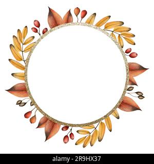 Jaune orange automne feuilles cadre rond aquarelle illustration avec bordure dorée. Couronne d'automne avec modèle de baies rouges Banque D'Images