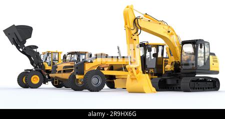 Machines de construction de routes, machines de construction de routes sur fond blanc Banque D'Images