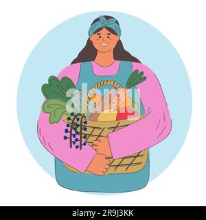 Femme heureuse avec un panier de légumes et de fruits. Le concept de récolte ou de végétarisme. Illustration à plat en gros plan. Vecteur isolé Illustration de Vecteur