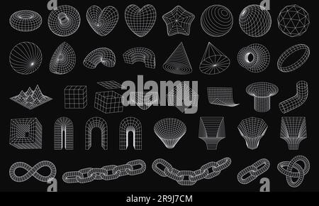 Ensemble de 3D formes géométriques filaires. Figurines abstraites à cadre métallique. Grilles de maillage déformées. Chaîne, cône, symbole d'infini, arc, étoile, sphère, nœud. Isolat Illustration de Vecteur