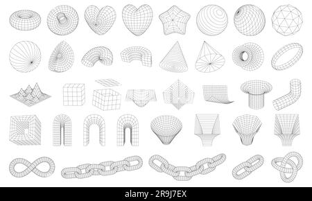 Ensemble de 3D formes géométriques filaires. Figurines abstraites à cadre métallique. Grilles de maillage déformées. Chaîne, cône, symbole d'infini, arc, étoile, sphère, nœud. Isolat Illustration de Vecteur