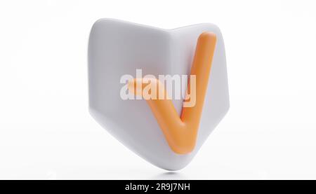 Marque de vérification de sécurité en ligne. Icône de dessin animé Orange couleur Tick Shield découpe isolée sur fond blanc. Concept Web sécurisé. Espace, modèle d'annonce. 3d rendu Banque D'Images