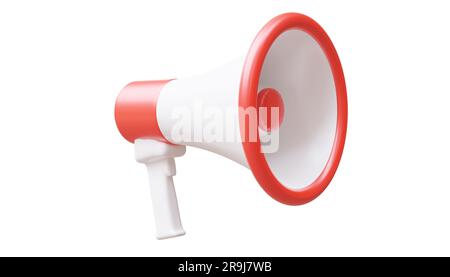 Haut-parleur portatif rouge Bullhorn Megaphone isolé sur blanc, concept d'annonce. 3d rendu Banque D'Images