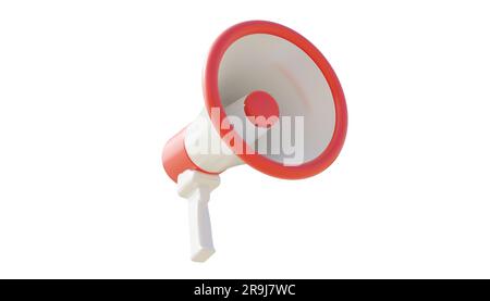 Haut-parleur portatif rouge Bullhorn Megaphone isolé sur blanc, concept d'annonce. 3d rendu Banque D'Images