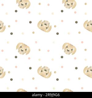Modèle sans couture avec des visages de chien marron mignons et des cercles colorés. Illustration aquarelle surlignée sur fond blanc. UN ENSEMBLE DE VISAGES D'ANIMAUX Banque D'Images