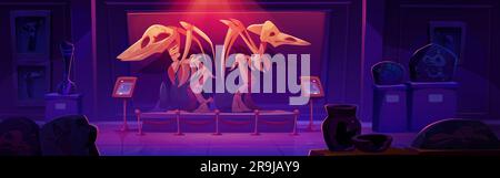 Squelette de dinosaure ptérodactyle fossile dans l'illustration de la caricature vectorielle du musée. Os et crâne d'animaux Dino exposés sur le piédestal dans la salle du hall avec spot rouge. Intérieur de la galerie de paléontologie préhistorique Illustration de Vecteur