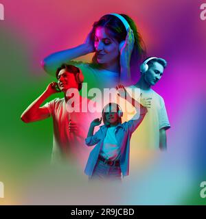 Image composite avec des jeunes heureux et heureux qui écoutent de la musique et dansent sur fond de fluo dégradé. Banque D'Images