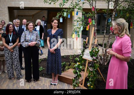 La princesse de Galles avec Edwina Grosvenor (à droite) fondatrice de l'association caritative One Small Thing lors d'une visite dans la communauté résidentielle de Hope Street à Southampton, Hampshire, pour ouvrir officiellement leur communauté pionnière qui pilotera une nouvelle approche pour soutenir les femmes dans le système de justice. Date de la photo: Mardi 27 juin 2023. Banque D'Images