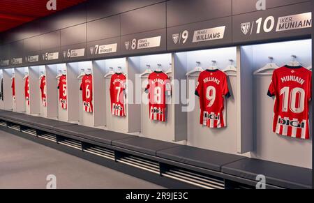 Vestiaires de l'arène San Mames - le lieu de résidence officiel du FC Athletic Bilbao, Espagne Banque D'Images