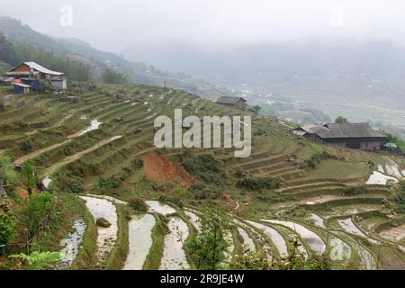 Sa Pa, Vietnam-avril 2023 ; vue panoramique sur les rizières encore remplies d'eau dans les montagnes juste à l'extérieur de la ville Banque D'Images