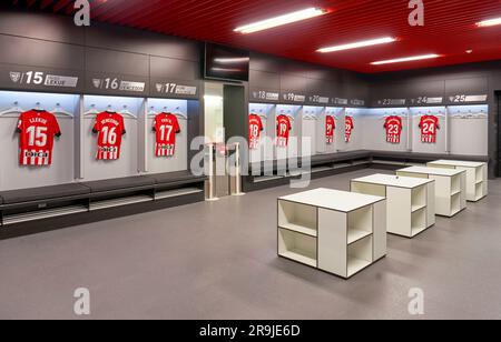 Vestiaires de l'arène San Mames - le lieu de résidence officiel du FC Athletic Bilbao, Espagne Banque D'Images