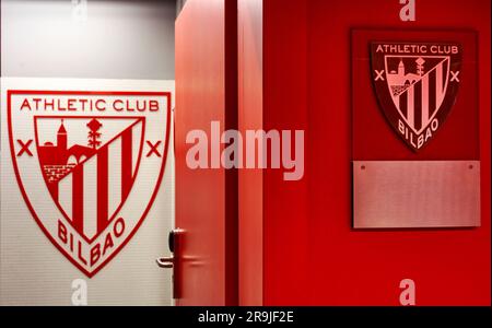 Vestiaires de l'arène San Mames - le lieu de résidence officiel du FC Athletic Bilbao, Espagne Banque D'Images