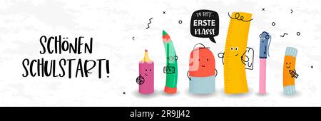 Les personnages mignons dessinés à la main et le texte allemand disant « Happy First Day of School - You are the Number One » - idéal pour les bannières, les invitations, la publicité Illustration de Vecteur