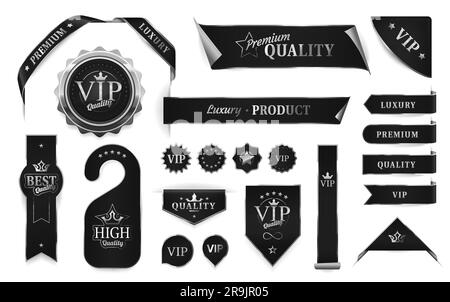 Étiquettes et bannières de luxe argentées, rubans ou badges VIP et autocollants de qualité supérieure, panneaux vectoriels. Meilleures étiquettes de certificat de produit et emblèmes noirs argentés ou étiquettes VIP pour une qualité supérieure exclusive Illustration de Vecteur