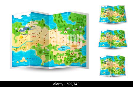 Carte papier de jeu de dessins animés, aventure et voyage d'expédition, île vectorielle en mer. Carte du camp de voyage et de randonnée avec chemin dans la montagne et le lac, carte de route touristique avec début et fin pour le jeu Illustration de Vecteur