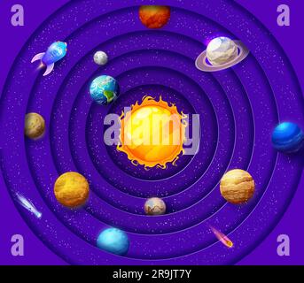 Système solaire de papier découpé espace infographics avec la planète terre, le soleil et les étoiles, le vecteur de feuille de papier de dessin animé. Système solaire dans le ciel galaxie ou enseignement de l'astronomie avec des fusées et des planètes coupées en papier Illustration de Vecteur