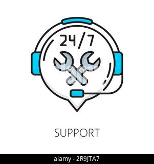 Prise en charge, icône du système de gestion de contenu CMS, pictogramme de ligne mince de vecteur. Aide du service clientèle ou icône du centre d'appels du casque téléphonique et de la clé, chat d'assistance utilisateur 24 pour 7 pour la gestion de contenu CMS Illustration de Vecteur