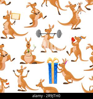 Motifs sans couture aux personnages kangourous de dessin animé. Toile de fond, papier d'emballage imprimé vectoriel ou tissu fond sans couture avec adorable animal kangourou personnage de levage barbell, boxe et cadeau d'ouverture Illustration de Vecteur