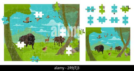 Animaux et oiseaux de la forêt de dessins animés. Pièces de puzzle. Jeu de correspondance de fragment droit, puzzle de recherche de figure ou feuille de travail de vecteur de connexion de pièce correcte avec bison, cerf, caille et faisan, animal de canard Illustration de Vecteur