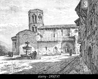 Illustration de la 19th cathédrale Saint-Lizier de la fin du siècle dans la ville de Saint-Lizier dans le département des Arièges du sud de la France. Datant du 11th siècle, avec des ajouts ultérieurs, il est dédié à Saint Lycerius, un ancien évêque de Couserans, d'après lequel la ville elle-même est également nommée. Banque D'Images