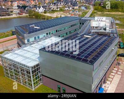 Cette vidéo de drone montre un toit de bureau avec de nombreux panneaux solaires pour l'énergie renouvelable verte. Banque D'Images