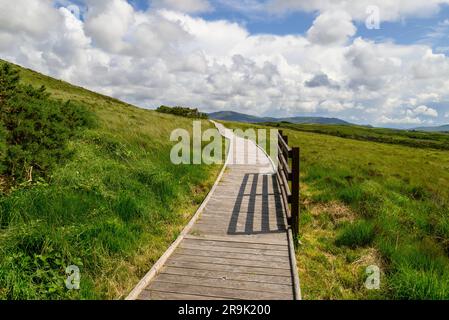 Promenade à bord d'un sentier naturel menant au centre d'accueil du parc national de Ballycroy, Country Mayo, Irlande Banque D'Images