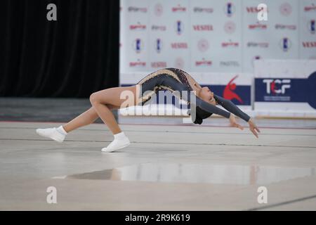 ISTANBUL, TURKIYE - 01 AVRIL 2023 : un athlète indéfini se produit lors des championnats turcs de gymnastique aérobie Banque D'Images