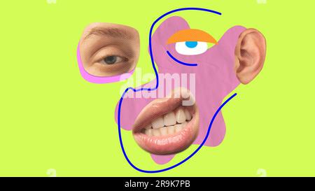 Visage humain, expression faciale faite de personnes diverses visage parties. Collage d'art contemporain. Banque D'Images