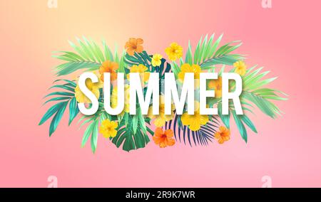 Design tropical d'été pour bannière ou flyer avec des feuilles de palmier exotiques, des fleurs d'hibiscus et de l'espace pour le texte. Illustration de Vecteur