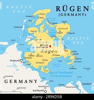 Ruegen ou Rugia, la plus grande île d'Allemagne, carte politique. Situé au large de la côte de Poméranie, dans la mer Baltique, séparé par Strelasund Sound. Banque D'Images