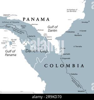 Darien Gap, carte politique grise. Région de l'isthme du Panama, reliant l'Amérique du Nord et du Sud à l'Amérique centrale. Banque D'Images