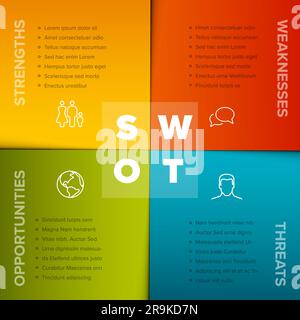 Modèle de schéma vectoriel SWOT (forces, faiblesses, opportunités, menaces) composé de quatre blocs carrés en papier colorés avec des lettres en gros caractères. SWO Illustration de Vecteur