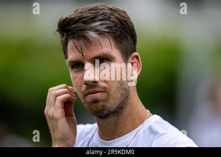 Cameron Norrie lors de son ATP EXHO singles match contre Frances Tiafoe le premier jour du Giorgio Armani tennis Classic au Hurlingham Club, Londres. Date de la photo: Mardi 27 juin 2023. Banque D'Images