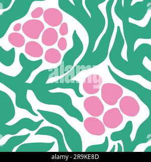 Matisse esthétique Berry sans couture. Abstrait Doodle Curves feuilles et baies dans le style naïf hippie 1970. Motif floral groovy en vert et rose pour t-shirts, papiers peints, étui pour téléphone. Illustration de Vecteur