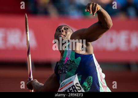 Ostrava, République tchèque. 27th juin 2023. L'athlète Anderson Peters, originaire de Grenade, participe à la course de javelot masculin lors de l'épreuve annuelle d'athlétisme de Spike Ostrava d'or 63rd, dans le cadre des rencontres du défi mondial de l'IAAF, à Ostrava, en République tchèque, sur 27 juin 2023. Crédit : Vladimir Prycek/CTK photo/Alay Live News Banque D'Images