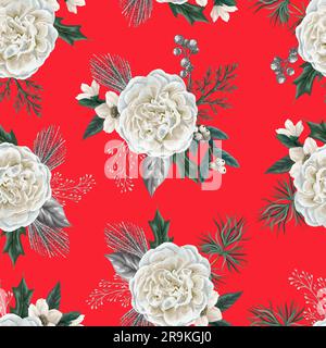 Motif de Noël sans couture avec roses blanches et éléments argentés. Vecteur. Illustration de Vecteur