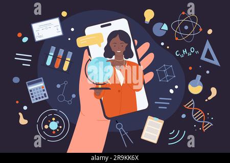 Dessin animé main tenant le téléphone mobile avec une enseignante, globe sur l'écran, professeur d'enseignement des sciences à la conférence virtuelle de l'étudiant. Leçon vidéo en ligne, enseignement à distance Dark concept illustration vectorielle. Illustration de Vecteur