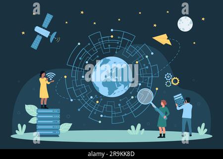 Des personnages de dessin animé de petite taille testent la vitesse du signal avec une loupe, tenant un panneau sans fil, un circuit circulaire et un globe terrestre à l'intérieur. Connexion Internet rapide, illustration vectorielle de la technologie de communication Illustration de Vecteur