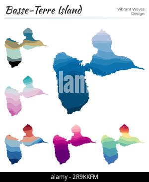 Ensemble de cartes vectorielles de l'île basse-Terre. Motif vagues éclatantes. Carte lumineuse dans un style de courbes lisses géométriques. Illustration de Vecteur