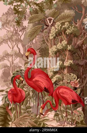 Flamants roses dans la forêt tropicale. Vecteur. Illustration de Vecteur