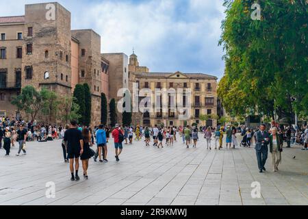 Barcelone, Espagne, 13 juin 2023. Place de la cathédrale de Barcelone avec les gens qui marchent autour. Banque D'Images